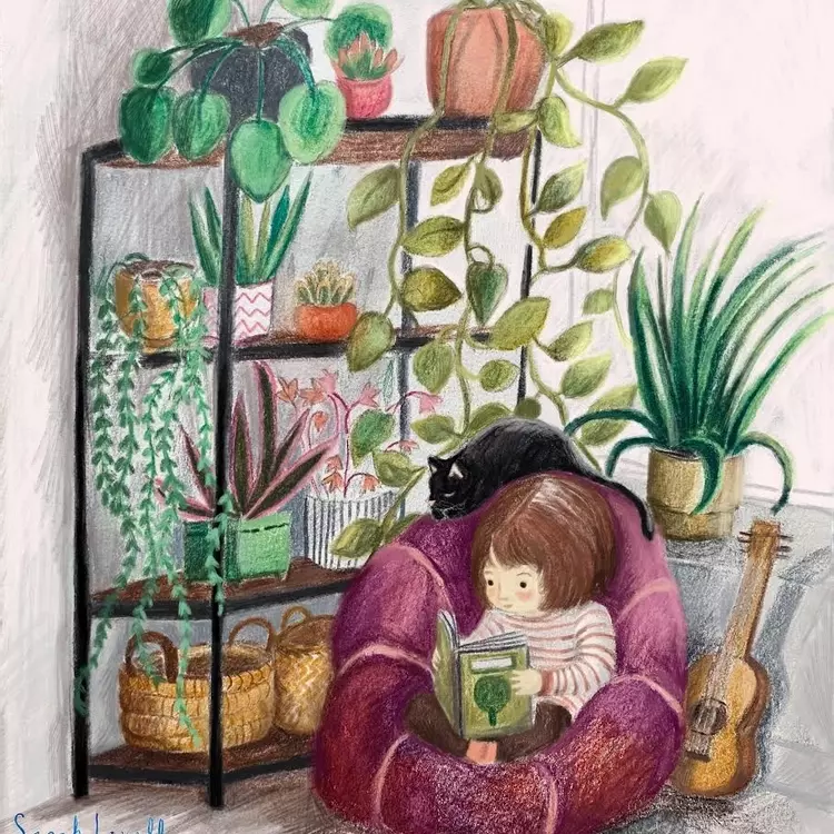 Reading corner, kidlitart, picture book art, picture book illustration , illustration , girl reading, house plants, picture of a girl reading, girl and cat, black cat
